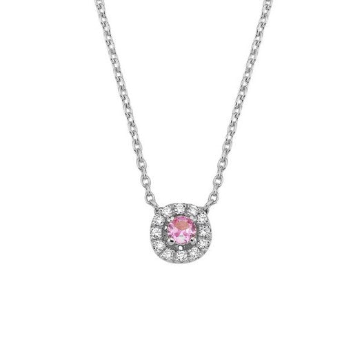 Sofia halskæde fra Nuran i 14 kt hvidguld med pink safir og diamanter på 0,06 ct – anker rund kæde.